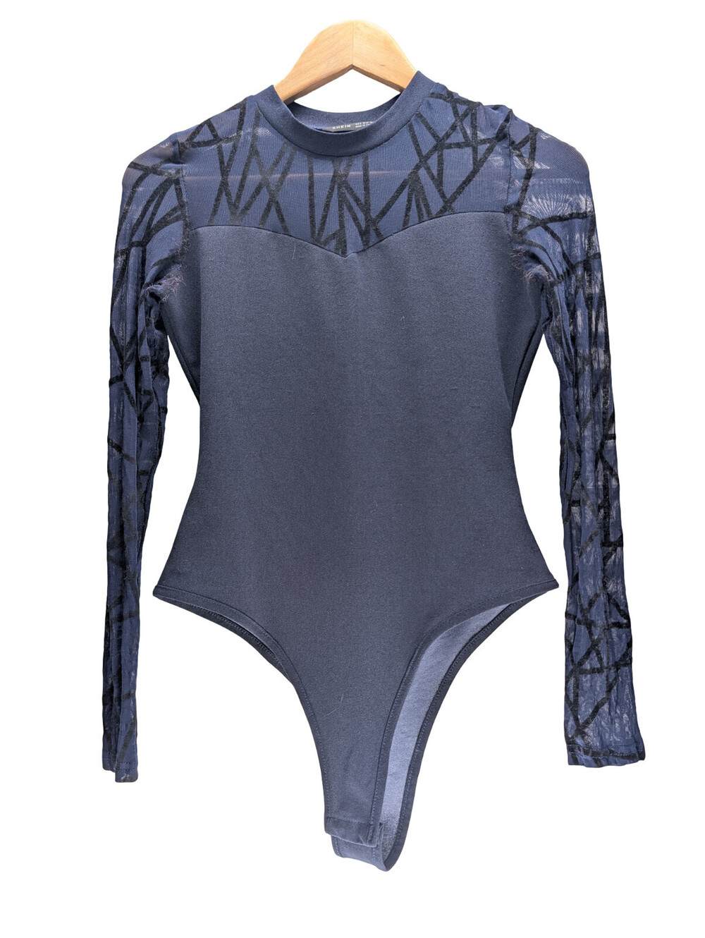 SHEIN Bodysuit Long Sleeve Mesh Overlay Blue Black Pattern
